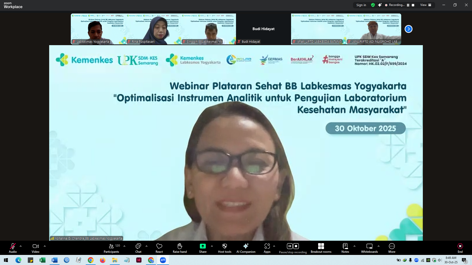 BB Labkesmas Yogyakarta Selenggarakan Webinar Nasional Plataran Sehat "Optimalisasi Instrumen Analitik Untuk Pengujian Laboratorium Kesehatan Masyarakat"