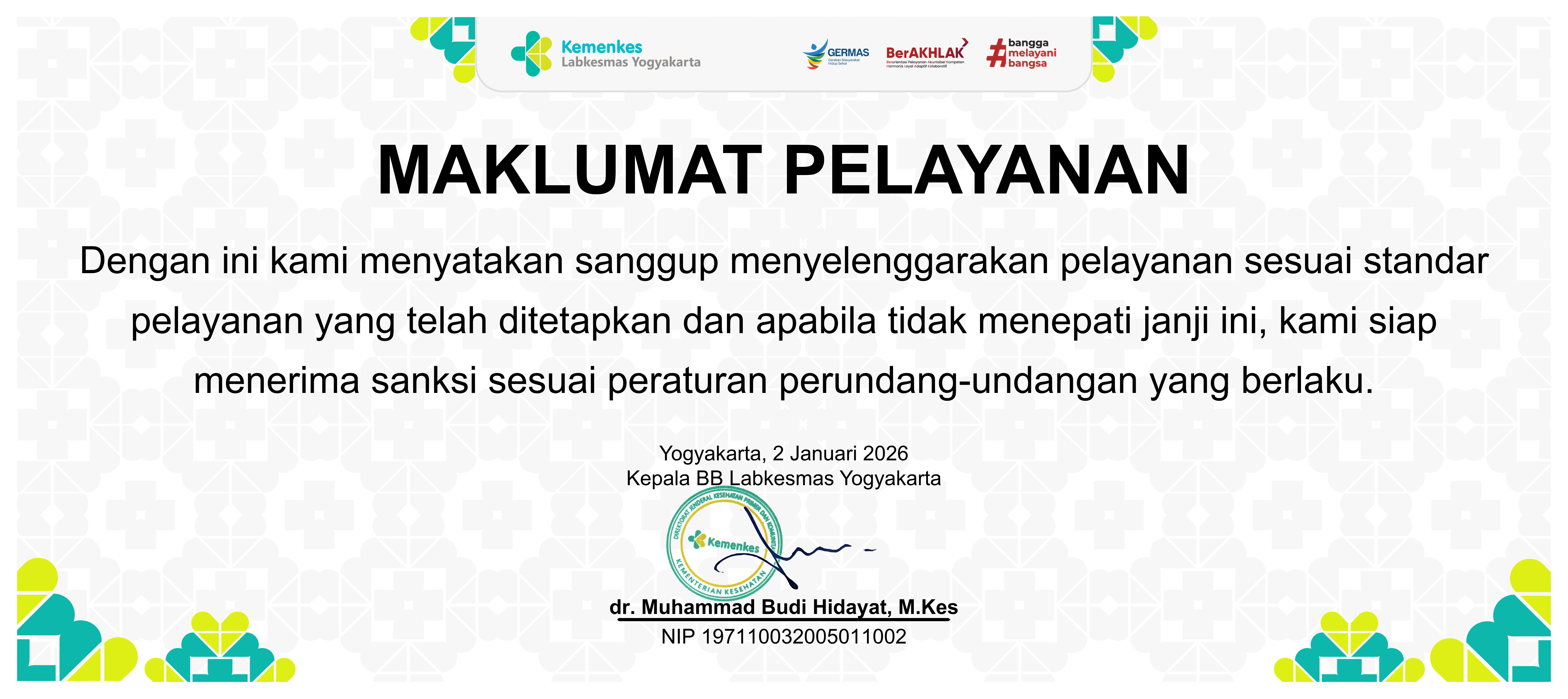 Maklumat Pelayanan BB Labkesmas Yogyakarta
