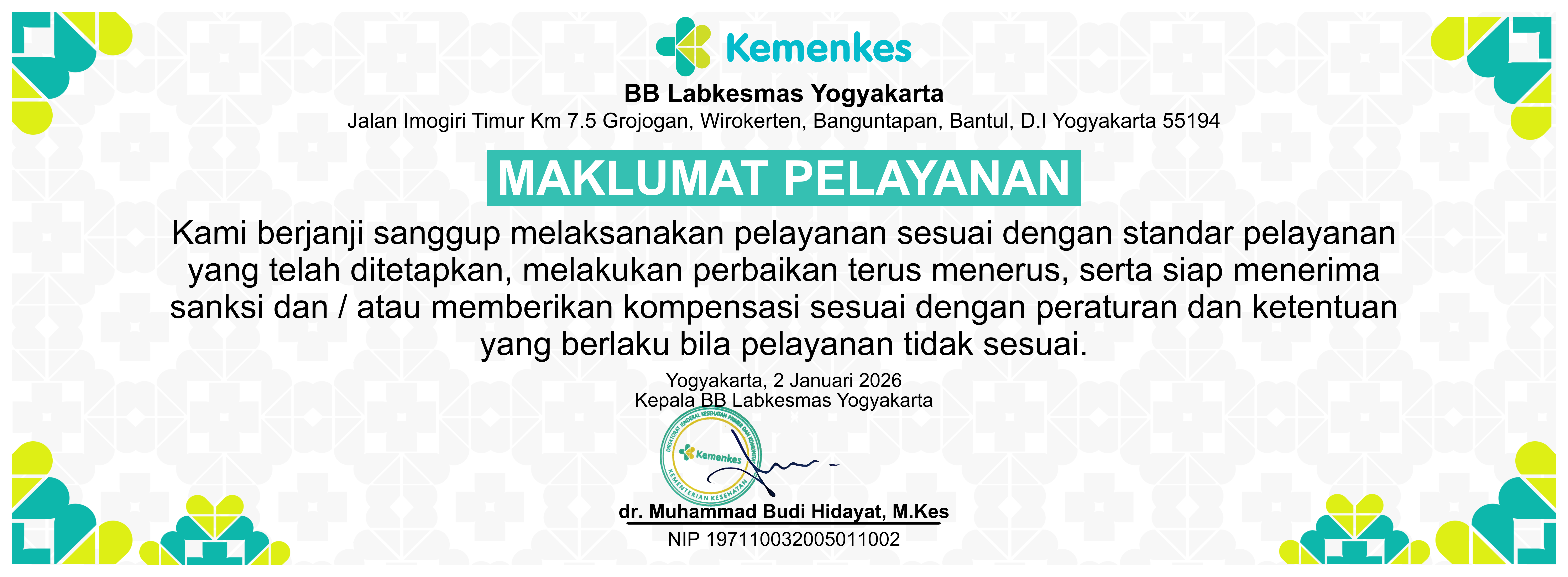 Maklumat Pelayana BB Labkesmas Yogyakarta